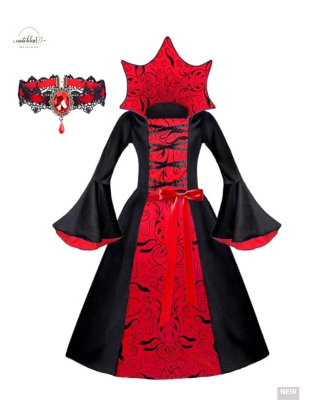 Girls Halloween Vampire Costume Set Velvet Dress Necklace 8-10